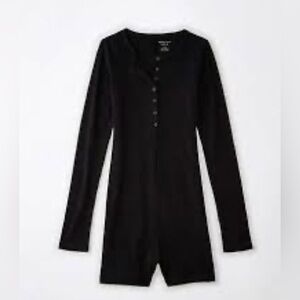 American Eagle Long-Sleeve Henley Lounge Romper Black Size L